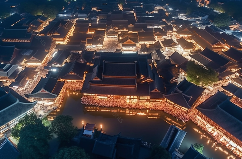 航拍古镇小镇古建筑灯火通明夜景摄影,高清,摄影图,摄影图片,图片大全,摄影图免费下载